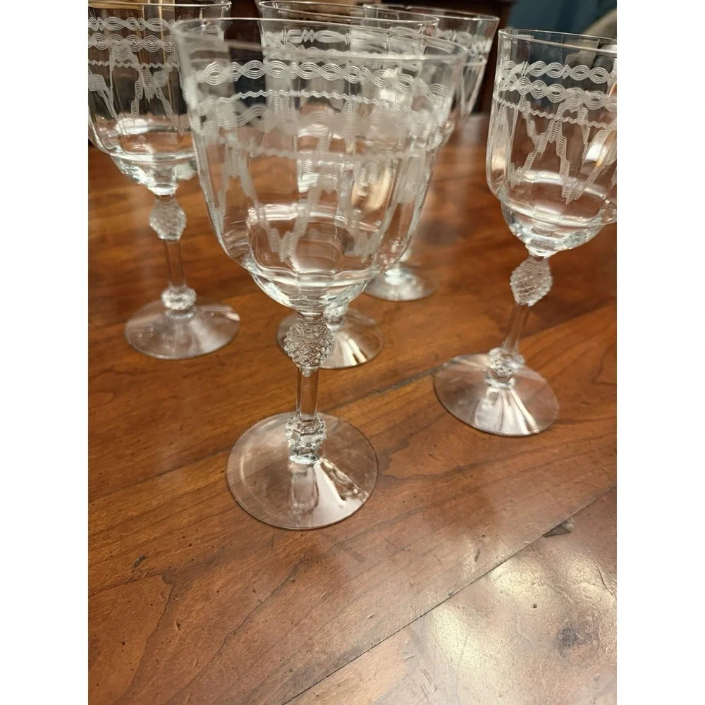 Set of 5 Fostoria Glass Castle Geometric‎ Needle Etch #87 Water Goblets 7.5